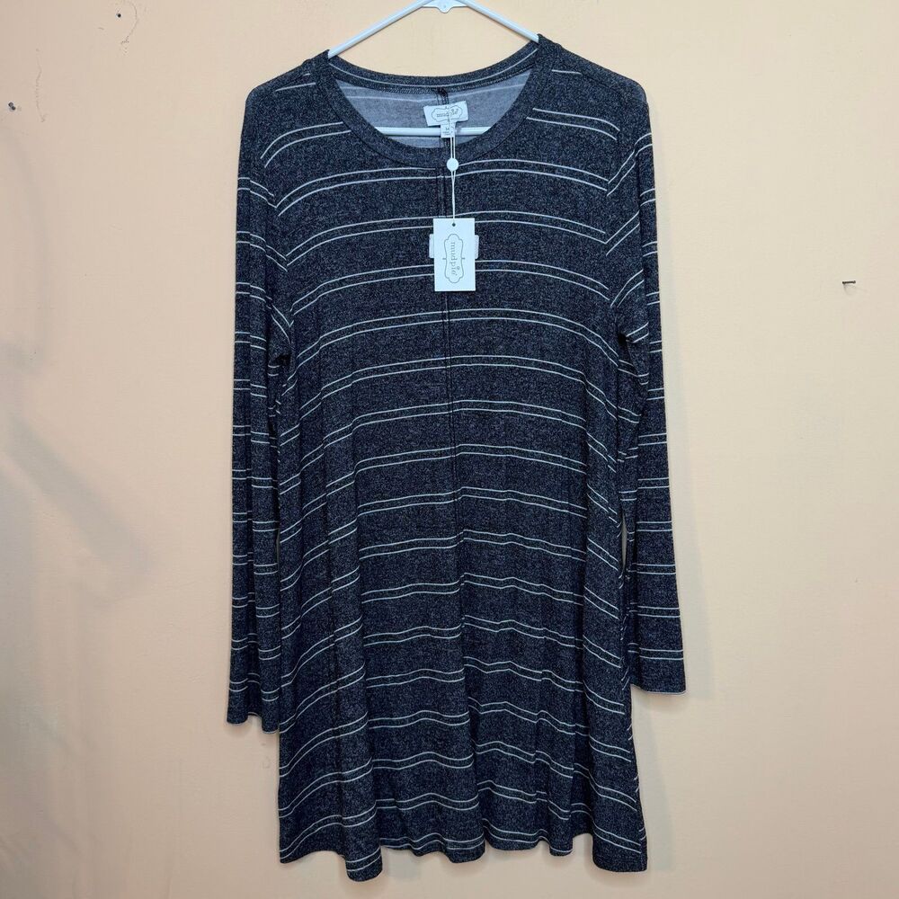NWT Mud Pie striped long sleeve dress grey white size medium